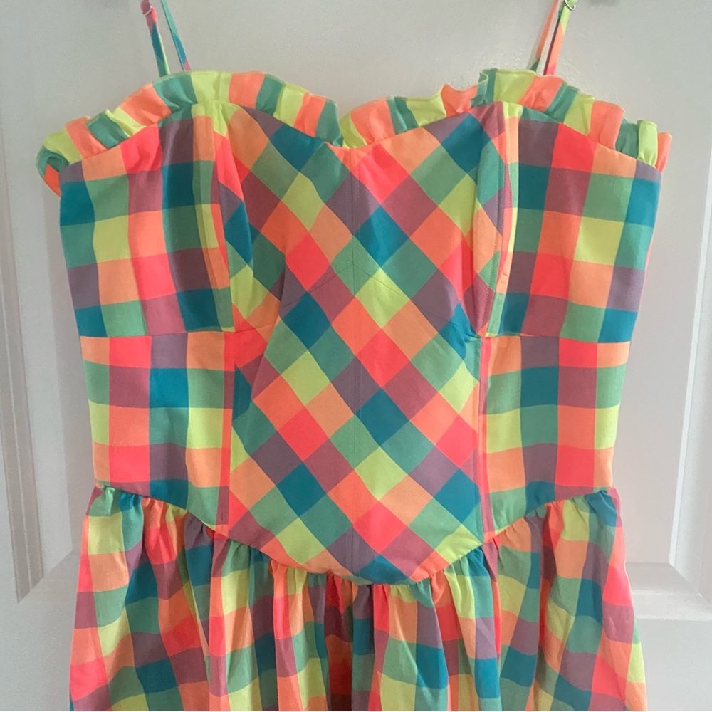 Anthropologie Hunter Bell Corey Strapless Ruffle-Trim Midi Dress Key Largo Plaid - Picture 4 of 7